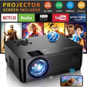 Projector, 5G WiFi Bluetooth Supports 4k, Projector Screen Included